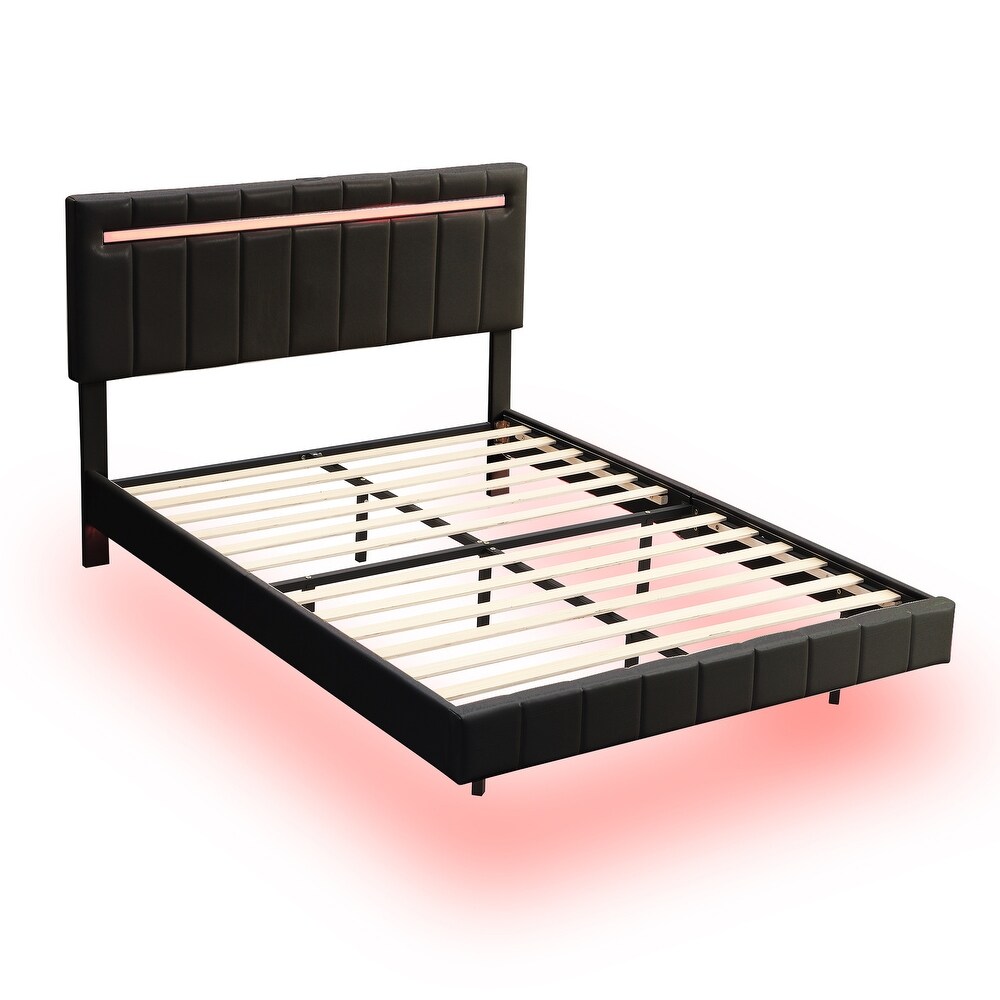 Floating Bed Frame with LED Lights and USB Charging Modern Upholstered Platform LED Bed Frame