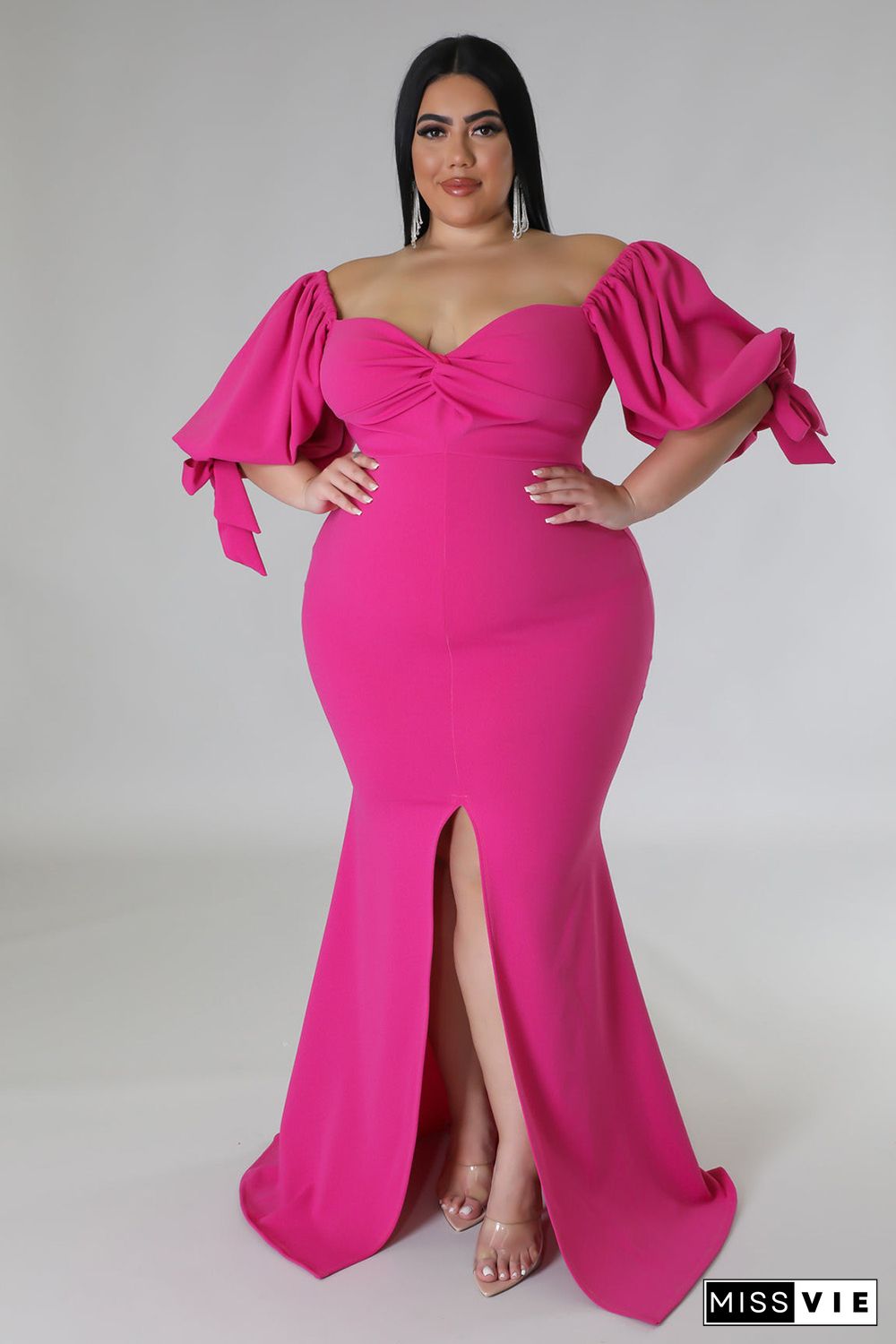 Rose Bow Tie Puff Sleeve Plus Size High Slit Maxi Dress