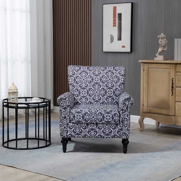 Floral Pattern Mid-Century Modern Accent Chair， Linen Armchair