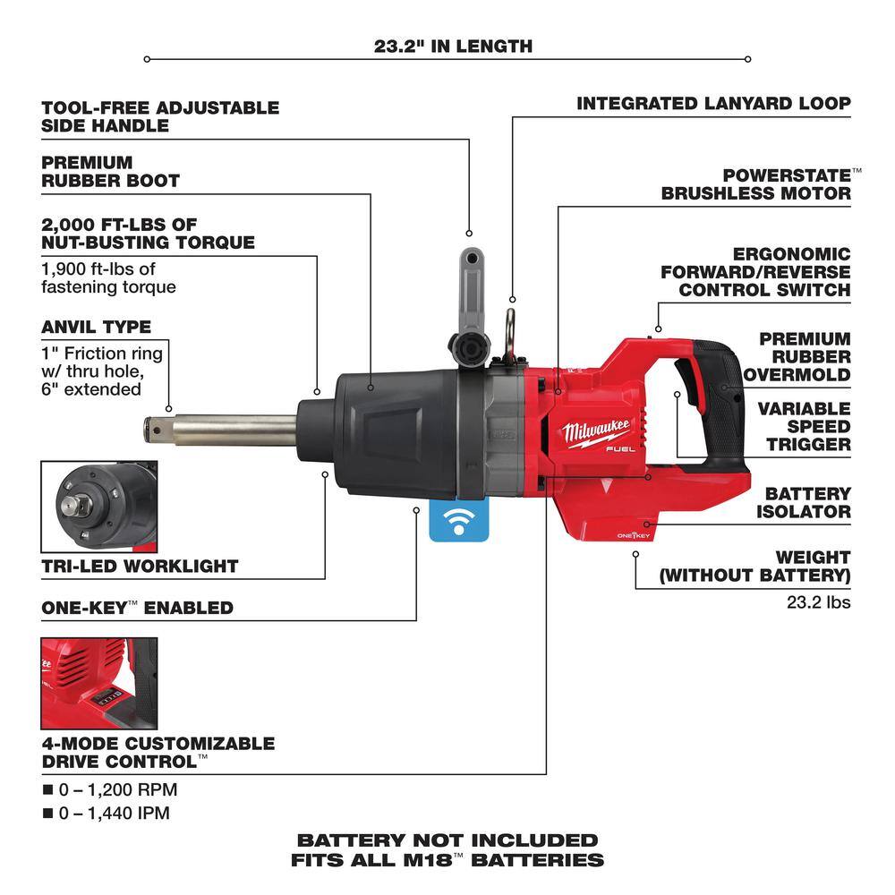 MW M18 FUEL 18V Lithium-Ion Brushless Cordless 1 in. Impact Wrench Extended Reach D-Handle (Tool-Only) 2869-20