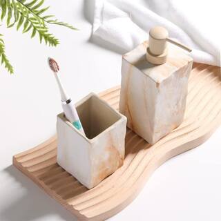 Dracelo 4-Piece Bathroom Accessory Set with Soap Dispenser Tumbler Soap Tray Toothbrush Holder in Marble Beige B09785PR79