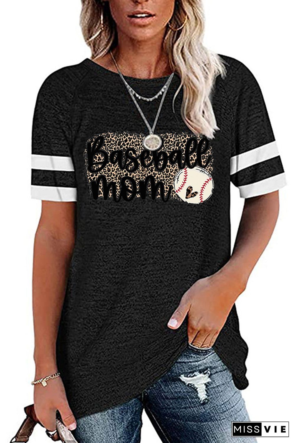 Baseball Mom Leopard Graphic Tees for Women Wholesale