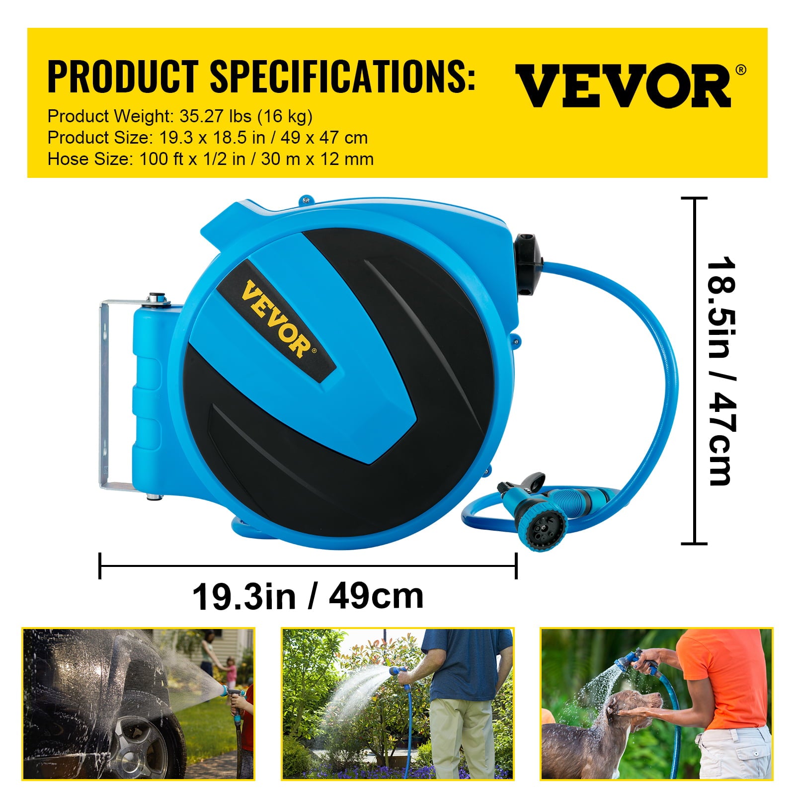 VEVOR Retractable Hose Reel， 1/2 inch x 100 ft， Any Length Lock and Automatic Rewind Water Hose， Wall Mounted Garden Hose Reel With 180° Swivel Bracket and 8 Pattern Hose Nozzle， Blue