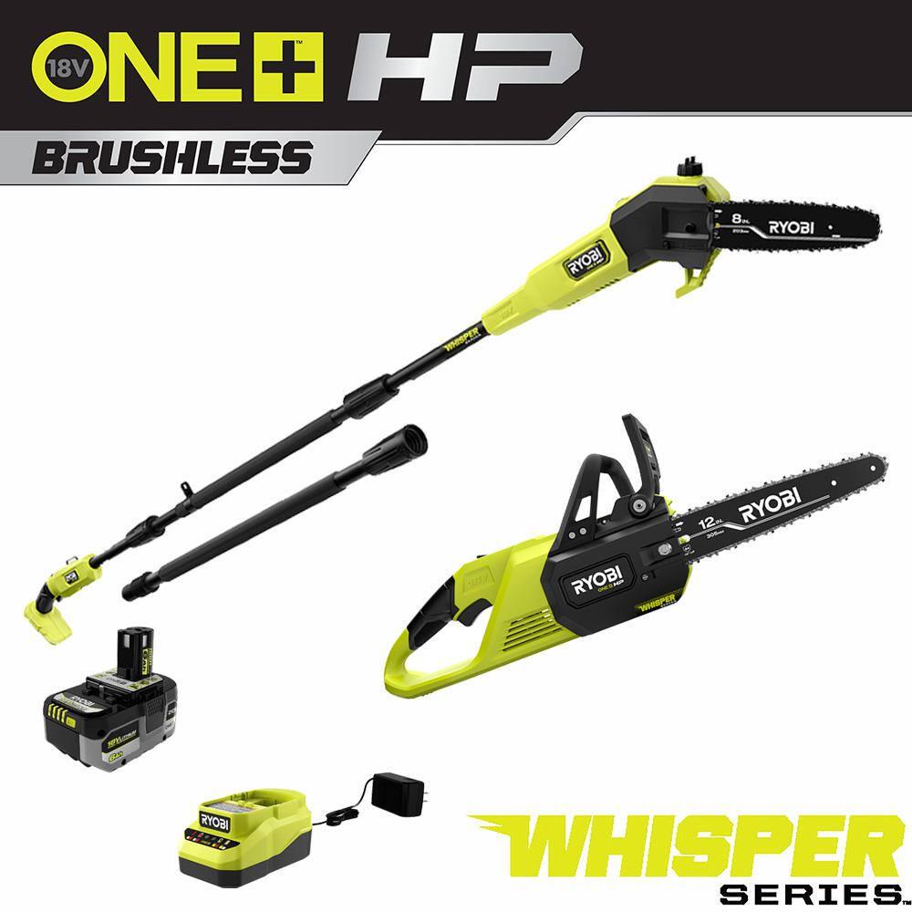 RYOBI ONE HP 18V Brushless Whisper Series Battery 12 in Chainsaw and 8 in Pole Saw with 60 Ah Battery and Charger