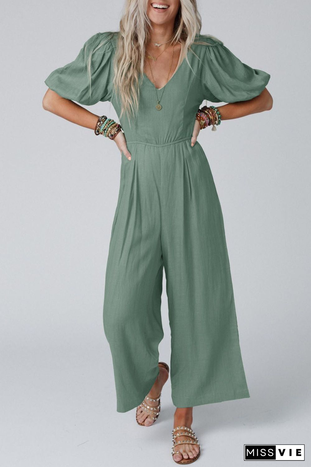 Green V Neck Puff Sleeve Hollow out Wide Leg Jumpsuit