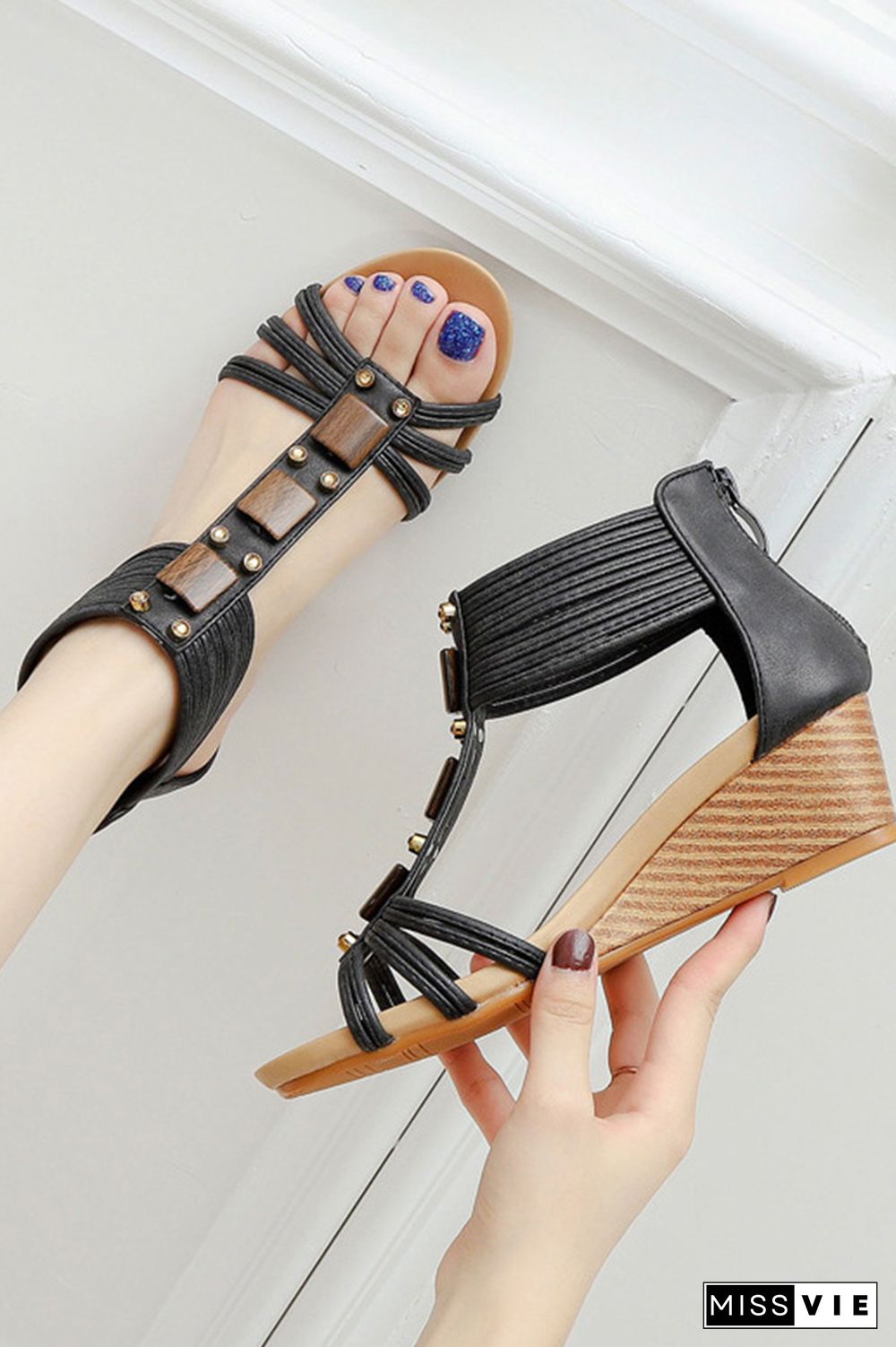 PU Strappy Zipper Platform Sandals