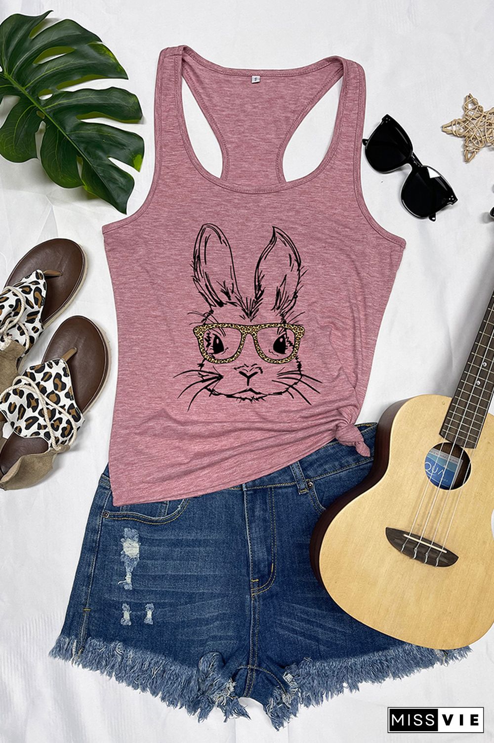 Easter Bunny With Glasses Printed Sleeveless Tank Top Wholesale