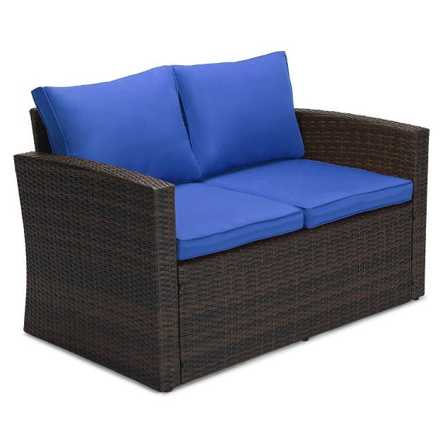 6pc Wicker Outdoor Conversation Set Weather resistant Royal Blue dark Brown Edyo Living Includes Sofa Loveseat Armchairs amp Tables