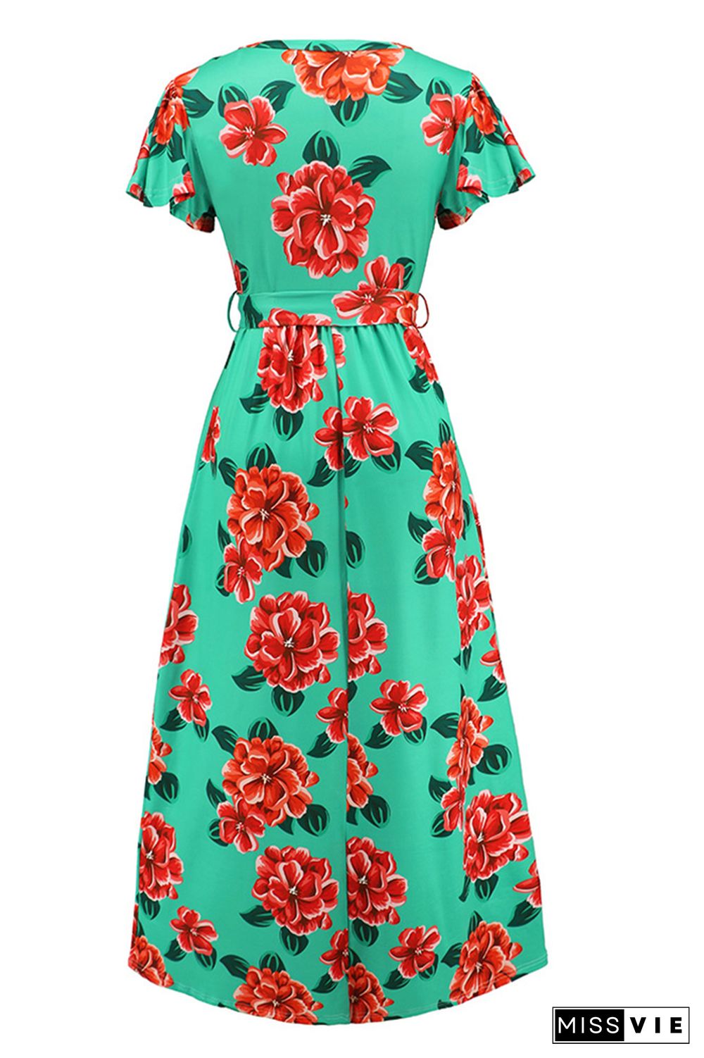 V Neck Short Sleeves Floral Maxi Dress