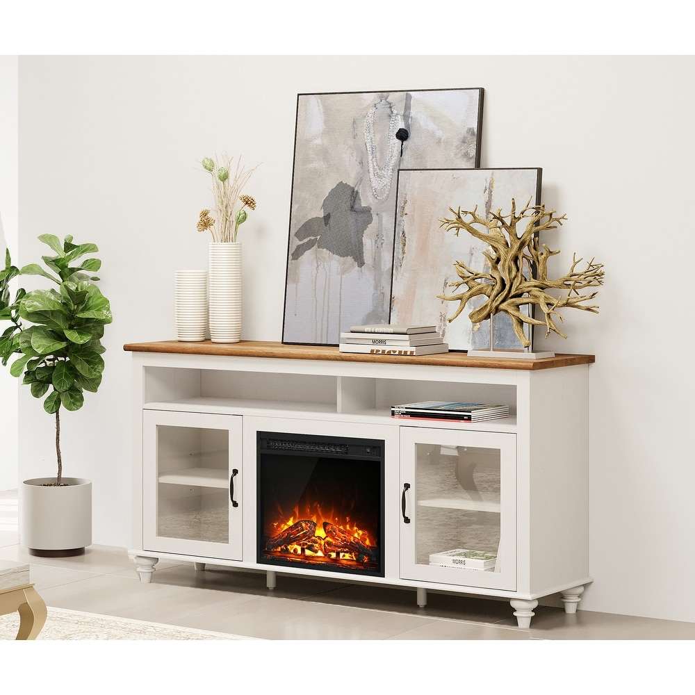 WAMPAT Fireplace TV Stand   Farmhose Entertainment Center with 18'' Electric Fireplace Sliding Barn Door  Storage Cabinet