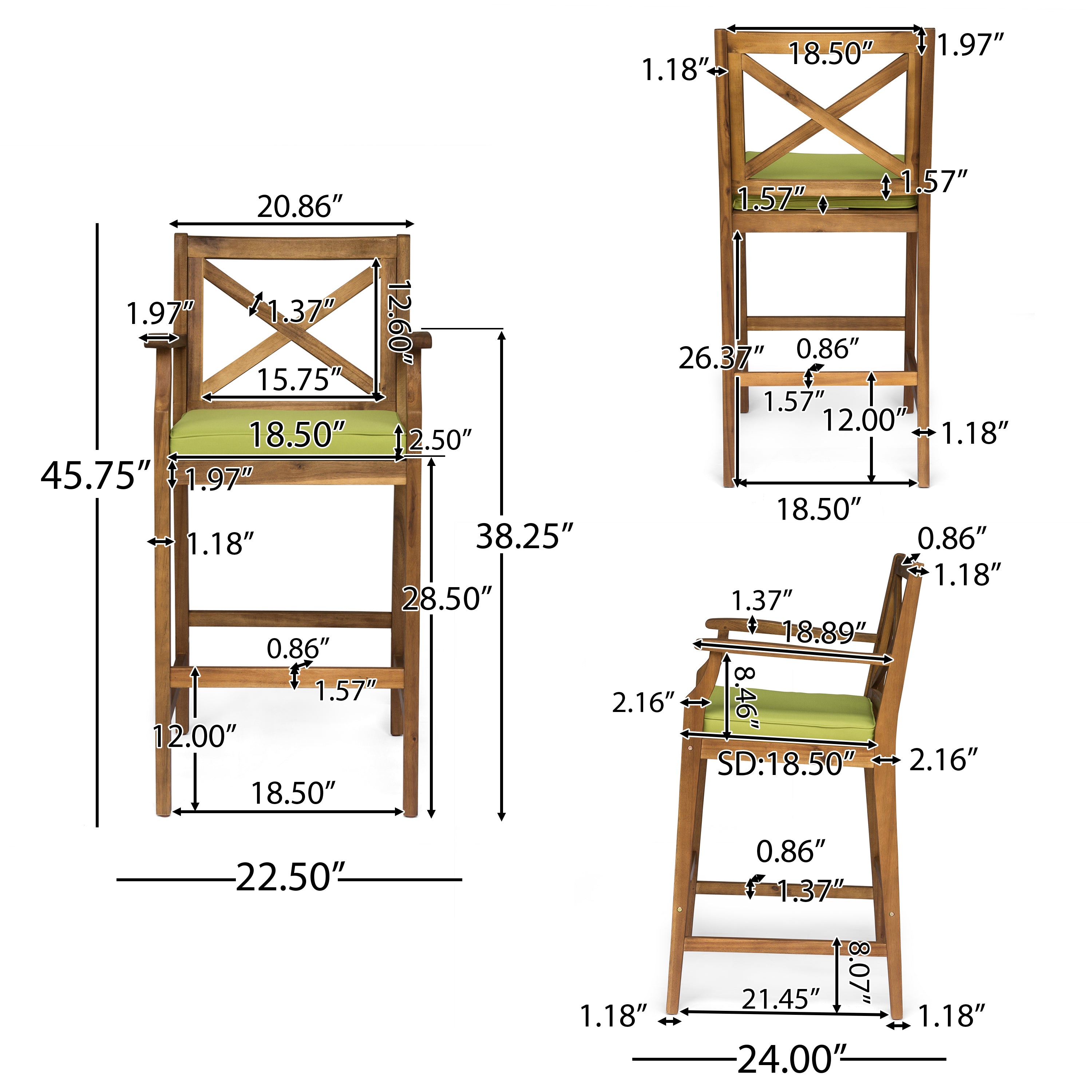 Doric Outdoor Rustic Acacia Wood Barstools with Cushions (Set of 4)