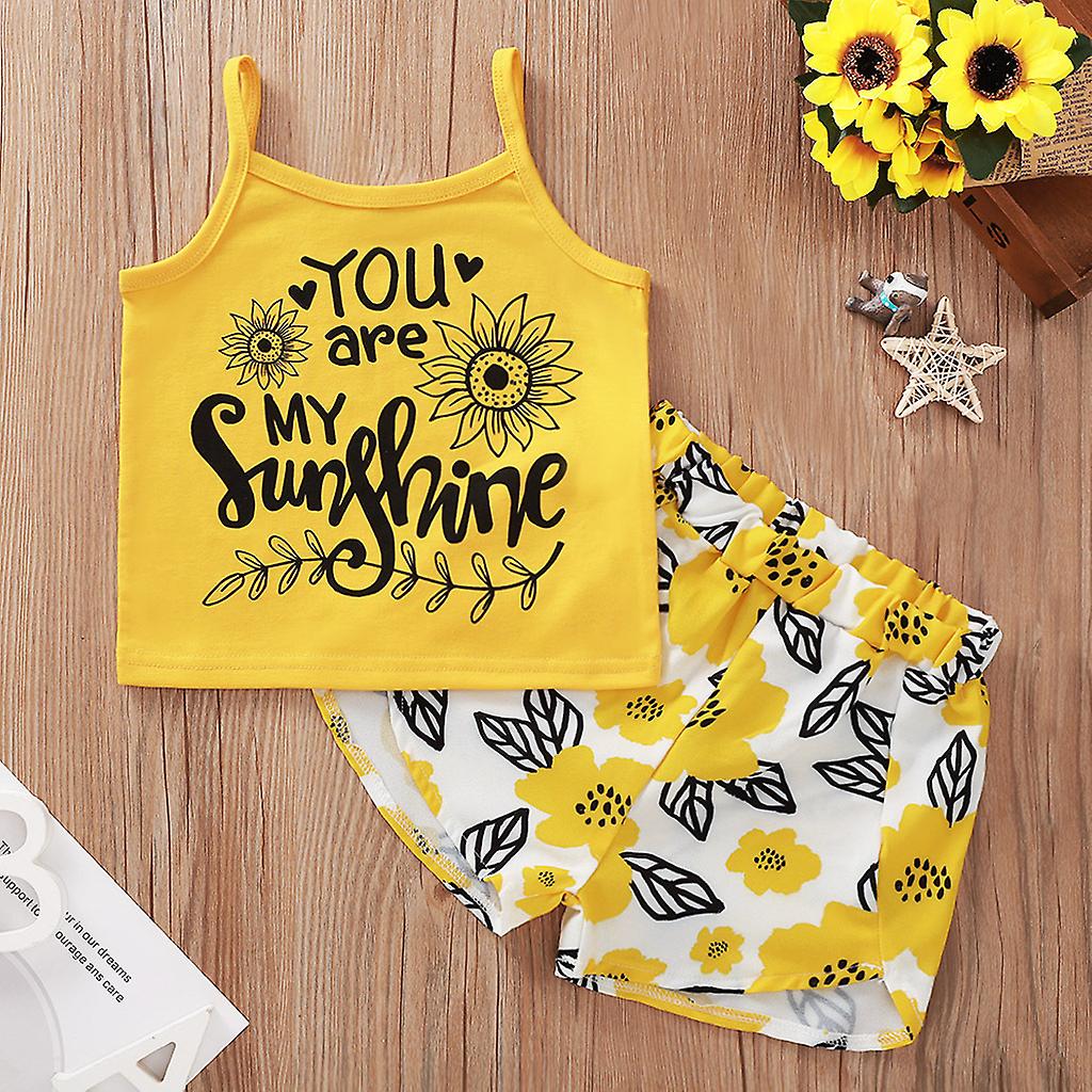 Toddler Baby Girl Summer Clothes Sleeveless Vest Tops Floral Shorts Pants 2pcs Casual Outfits Yellow 90cm