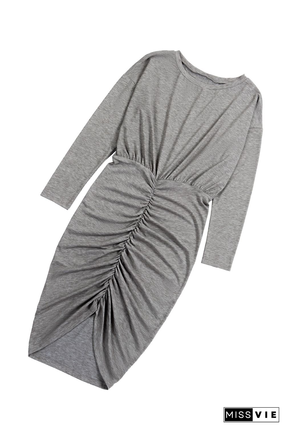 Crewneck Long Sleeve Shirred Split Bodycon Dress