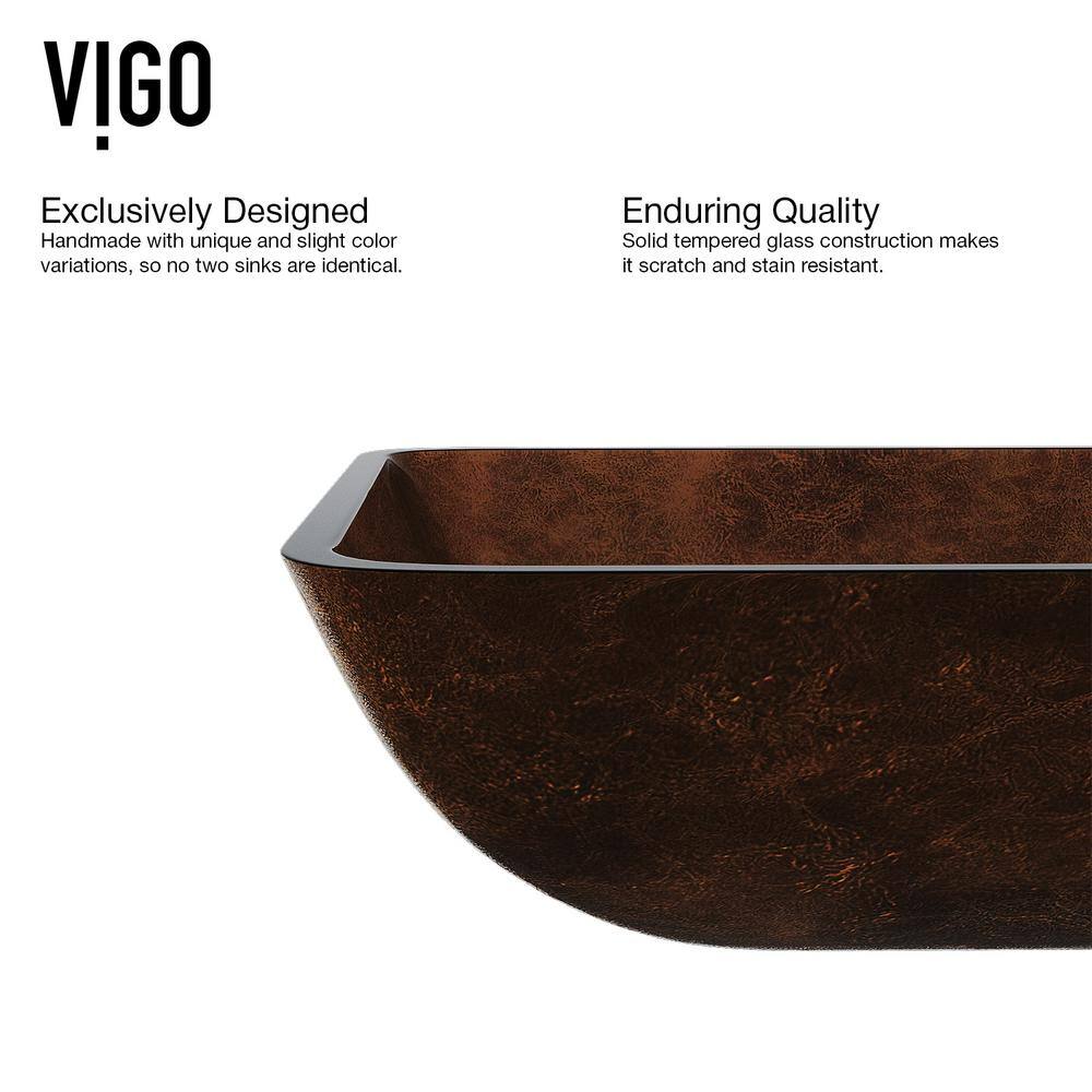 VIGO Donatello Artistic Chocolate Brown Glass 22 in. L x 15 in. W x 5 in. H Rectangular Vessel Bathroom Sink VG07047