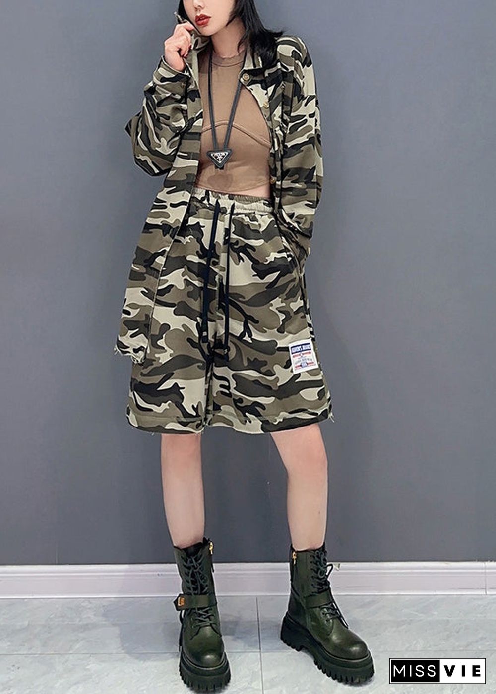 Casual Camouflage Peter Pan Collar Zippered Print Coats And Shorts Two Pieces Set Spring