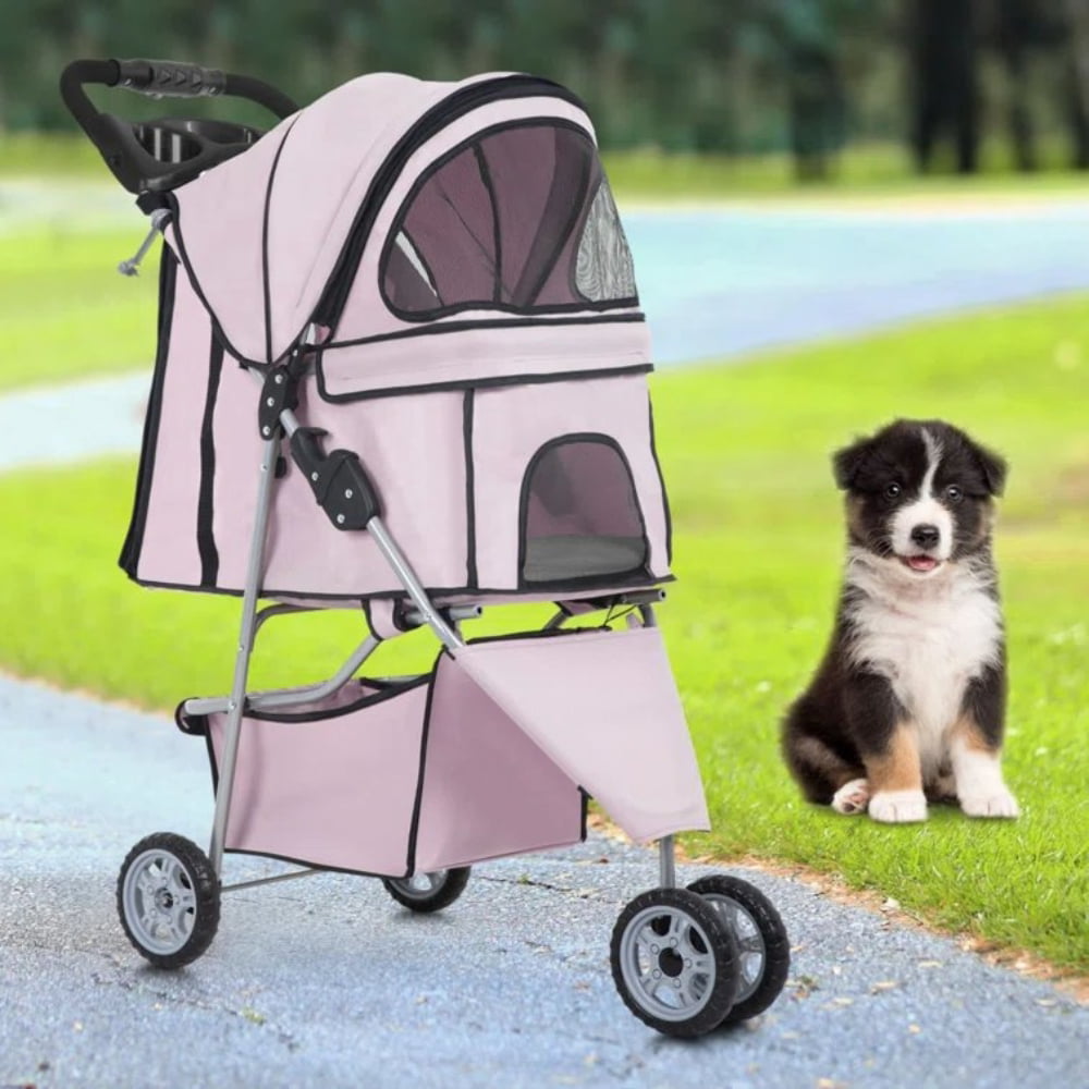 NiamVelo 3 Wheels Pet Stroller Foldable Dog Stroller with Cup HolderandStorage Basket Puppy Stroller for Small and Medium Pets，Light Pink