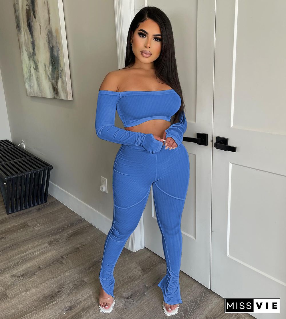 Ribbed Off Shoulder Crop Tops High Waist Pants Suit