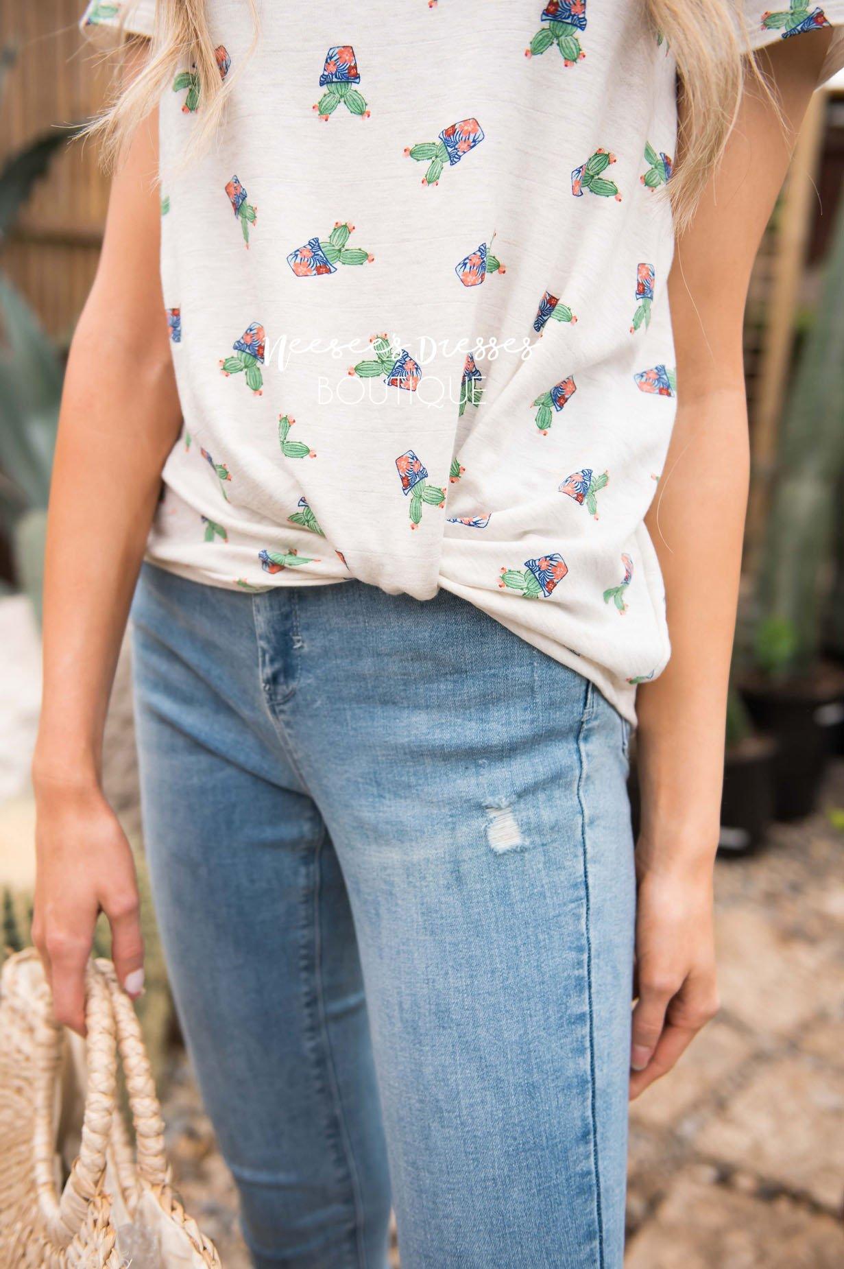 Front Knot Cactus Print Top