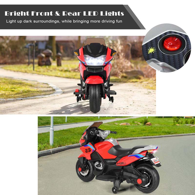 12V Kids Ride On Motorcycle, Battery Powered Electric Kids Motorbike Toy with Training Wheels & LED Lights