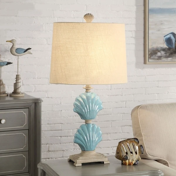 StyleCraft Gili Beach Light Blue Ceramic Table Lamp - White Hardback Fabric Shade