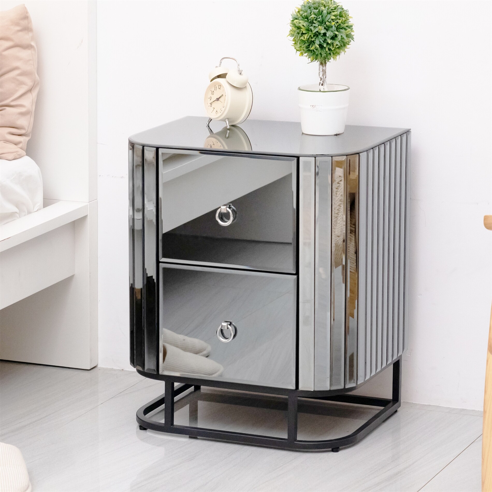 Black Iron Frame Mirrored Nightstand for Bedroom