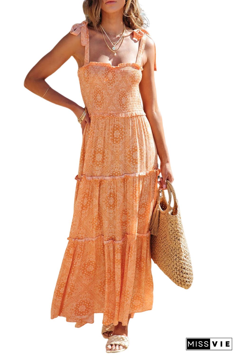 Orange Boho Floral Print Lace-up Straps Tiered Smocked Maxi Dress