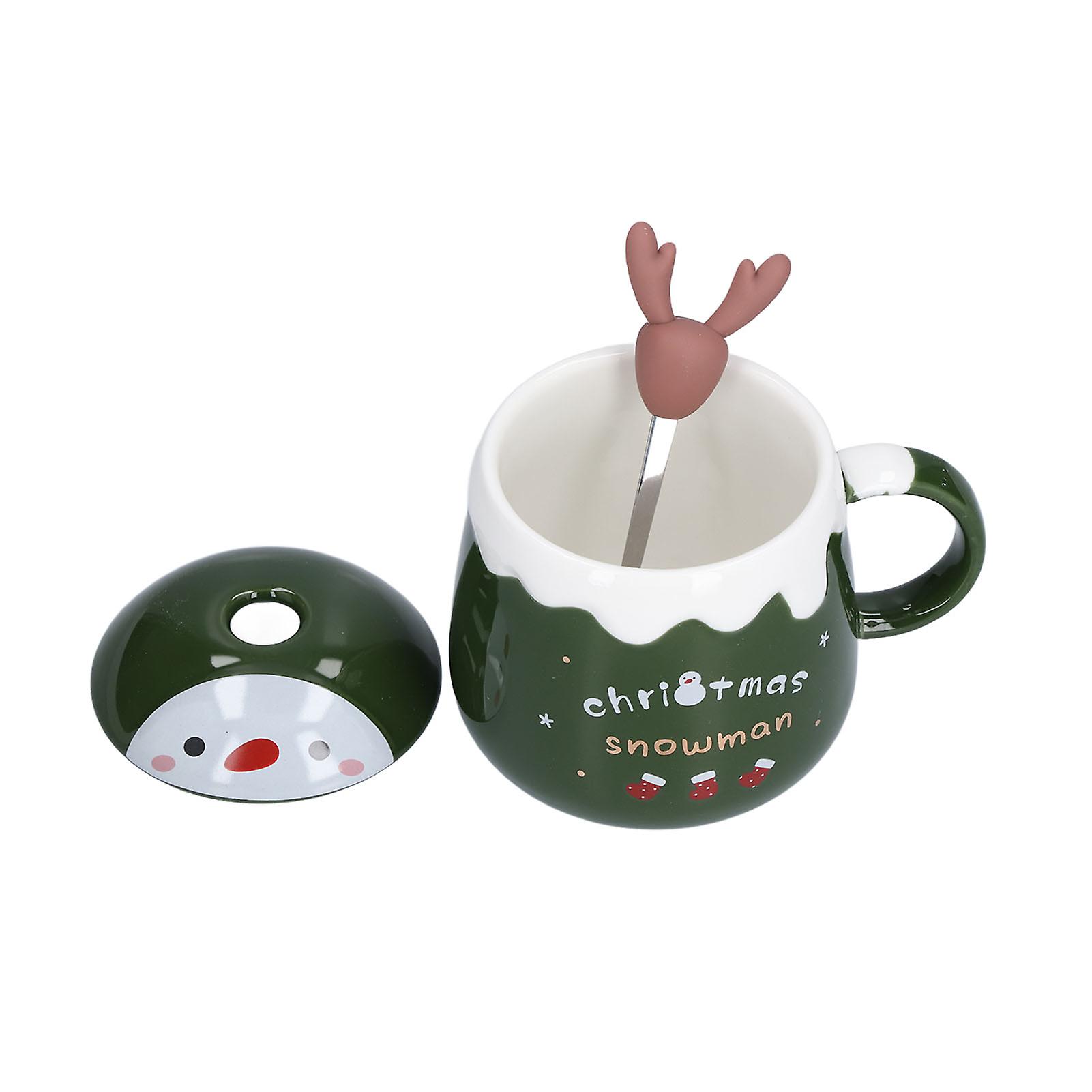 450ml Christmas Cup Cute Elk Coffee Mug Ceramic Tea Milk Cup with Lid Spoon for OfficeType D Green