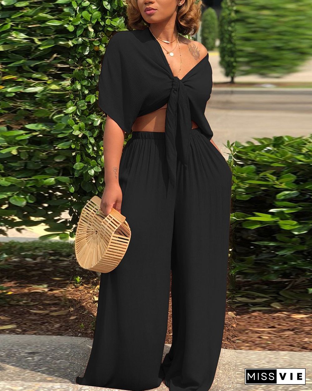 Solid Color Tie Front Crop Top & Wide Leg Pants Set