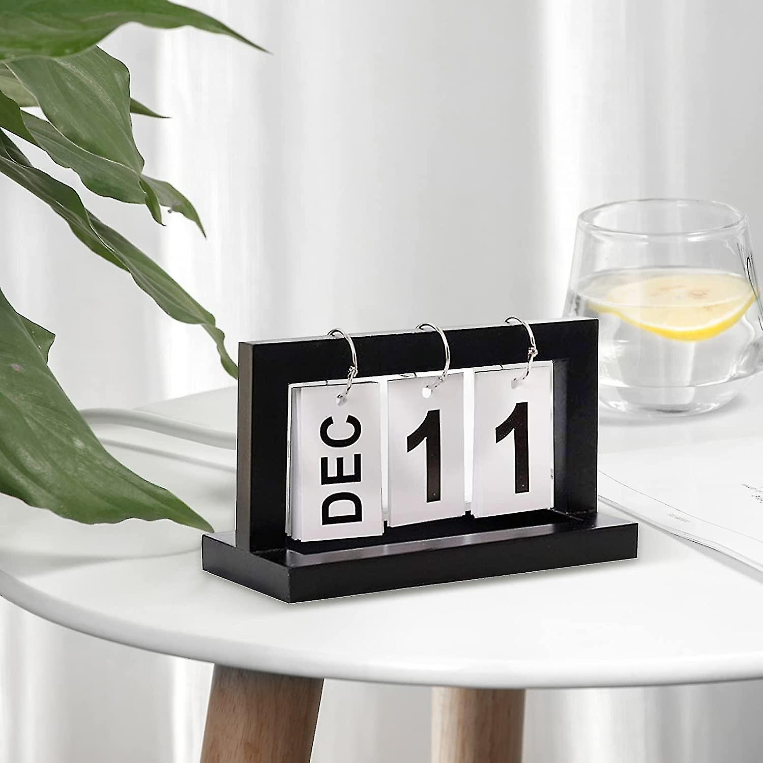 Wooden Manual Flip Desk Calendar， Reusable Retro Desk Calendar Block Calendar， Used To Decorate Office，black