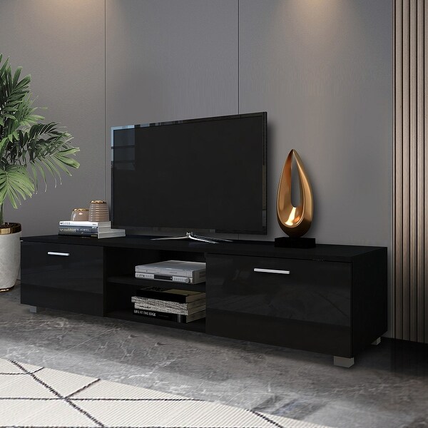 Black TV Stand Media Entertainment Center Console Table with 2 Storage Cabinet， Open Shelves for 70