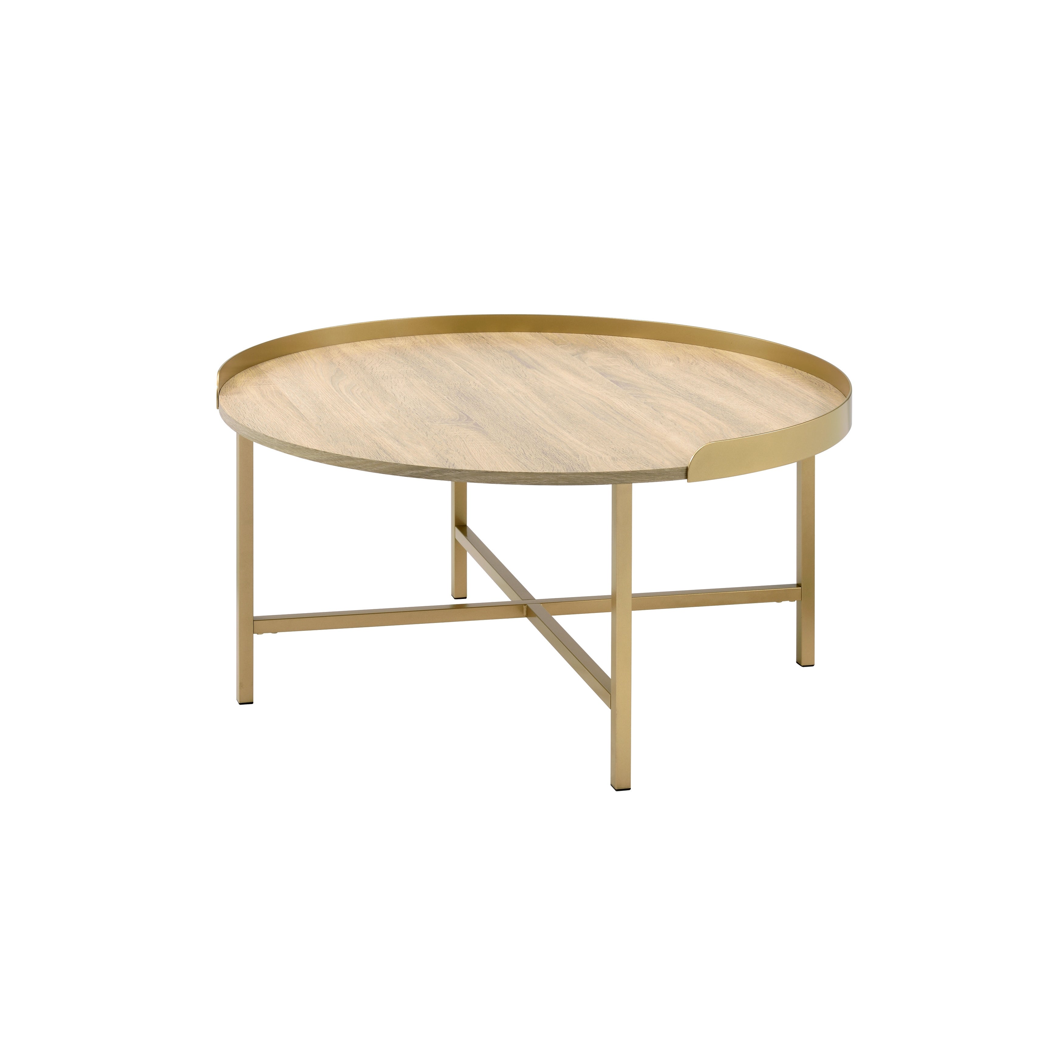 Contemporary Coffee Table with Gold Finish Round Table Top， Wood Sofa Table with Cross Bar Styled Metal Base for Living Room