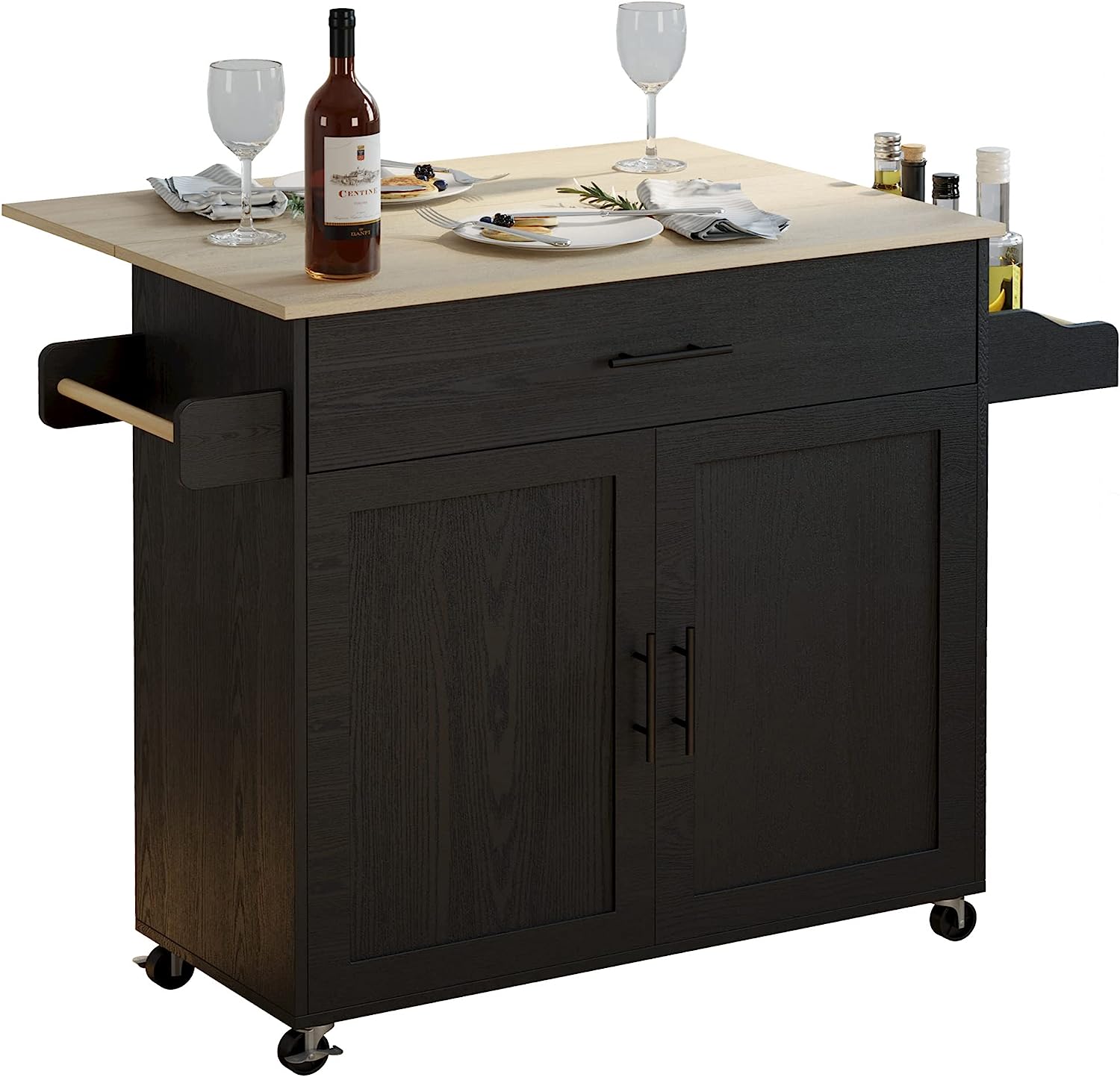 Rolling Kitchen Island Table on Wheels with Drop Leaf and Towel Rack