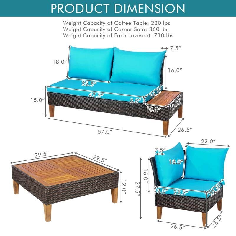 4 Pcs Acacia Wood Rattan Patio Conversation Set Outdoor Sectional Sofa Set with Coffee Table