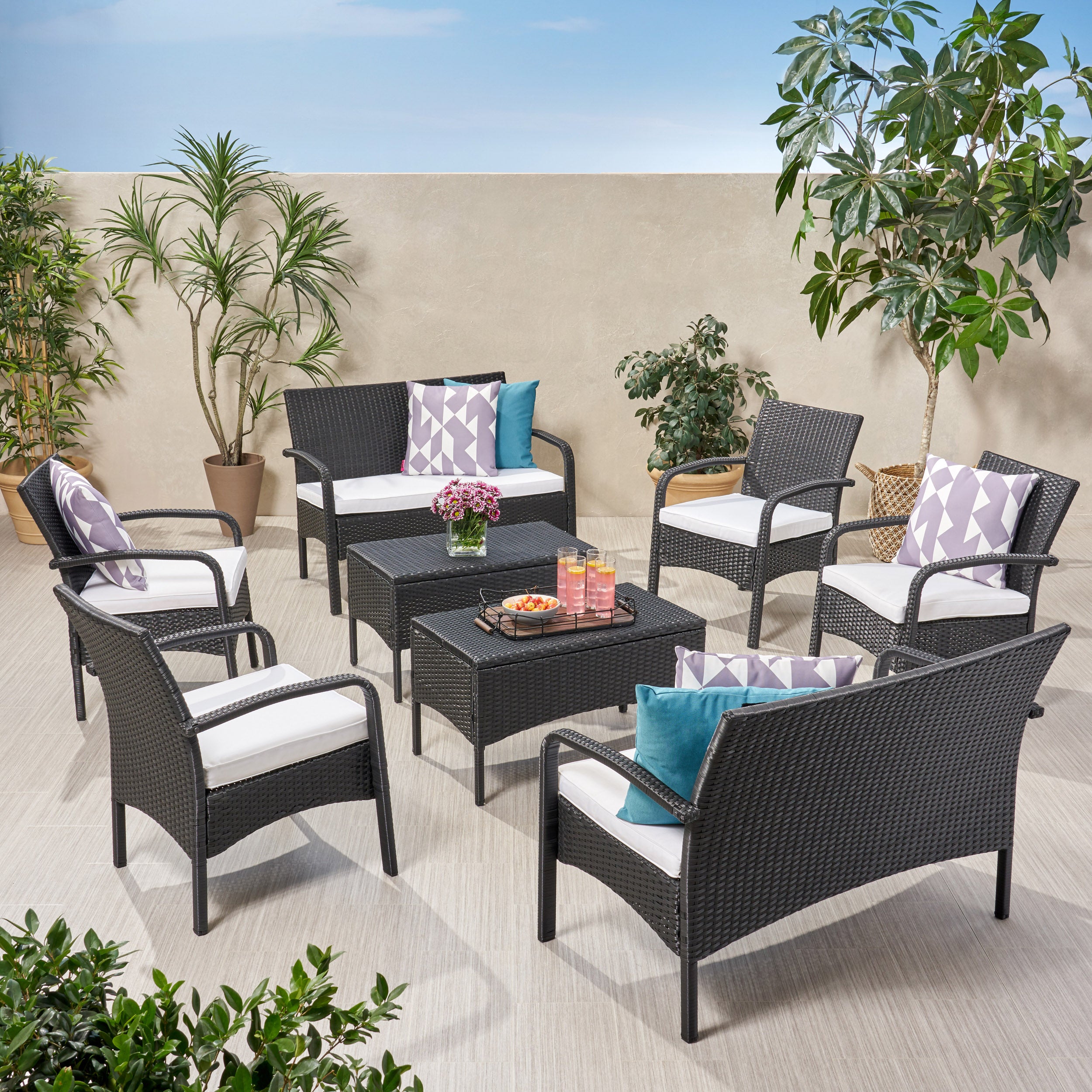 Carmela Outdoor 8 Seater Wicker Chat Set with Cushions