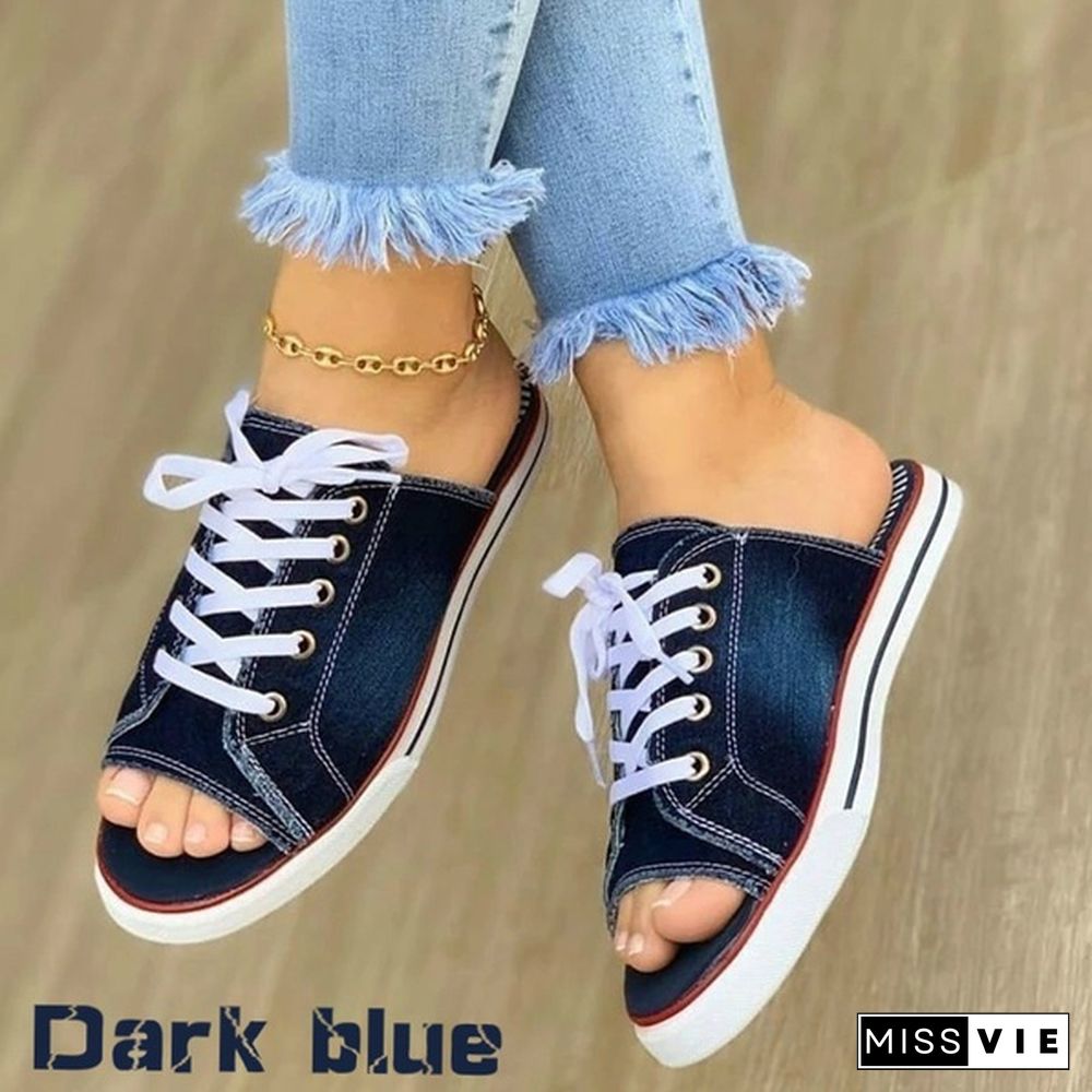 New Trending Women Canvas Shoes Flat Sneakers Denim Loafers Open Toe Sandals Ladies Casual Slippers Shoes Low Upper Sommerschuhe Damen Sandalias De Mujer