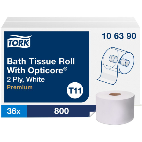 Tork Premium Bath Tissue Roll with OptiCore， Septic Safe， 2-Ply， White， 800 Sheets/Roll， 36/Carton (106390)