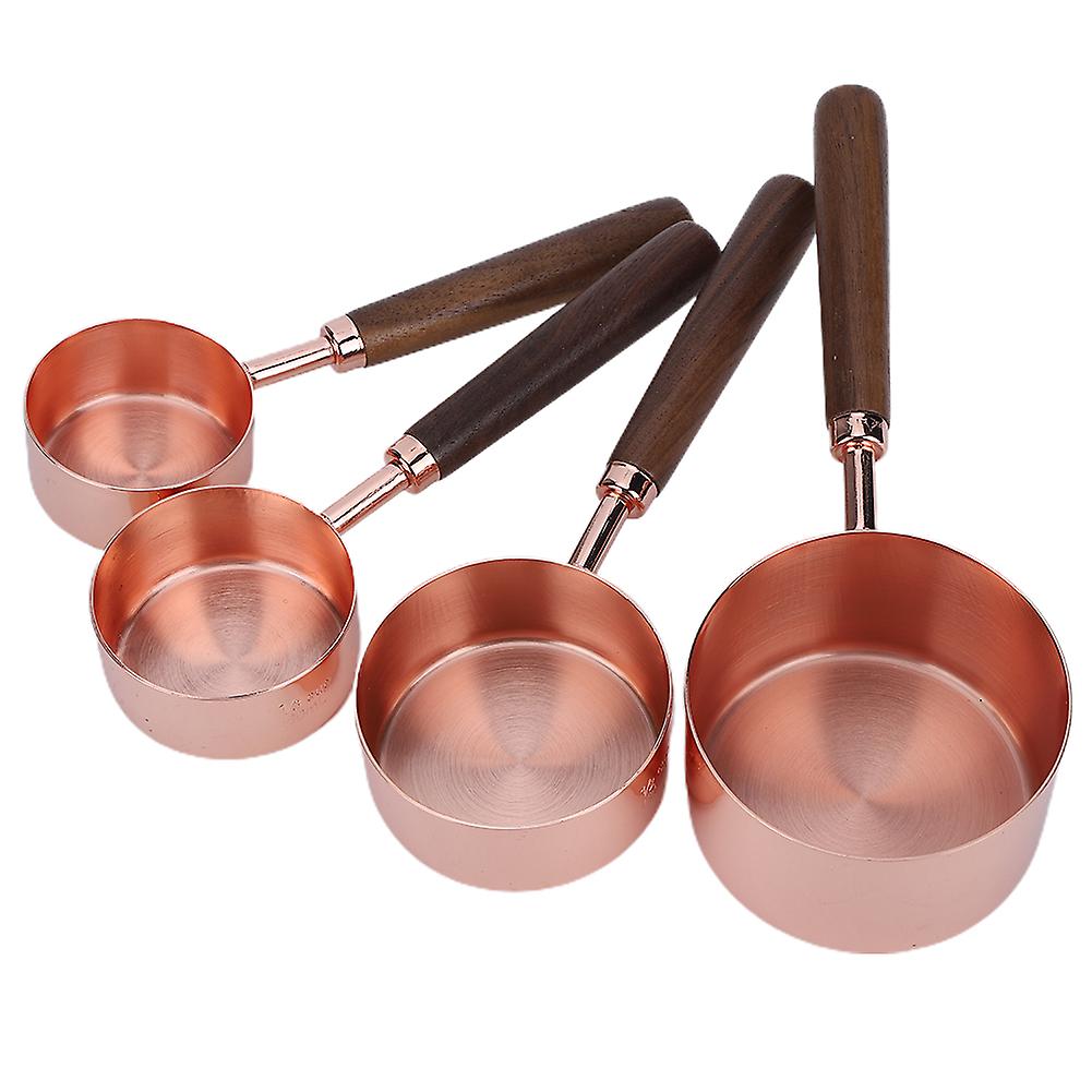 4PCS/Set Rose Gold Measuring Cup Spoon with Scale Thickened Wooden Handle Home Baking Tool