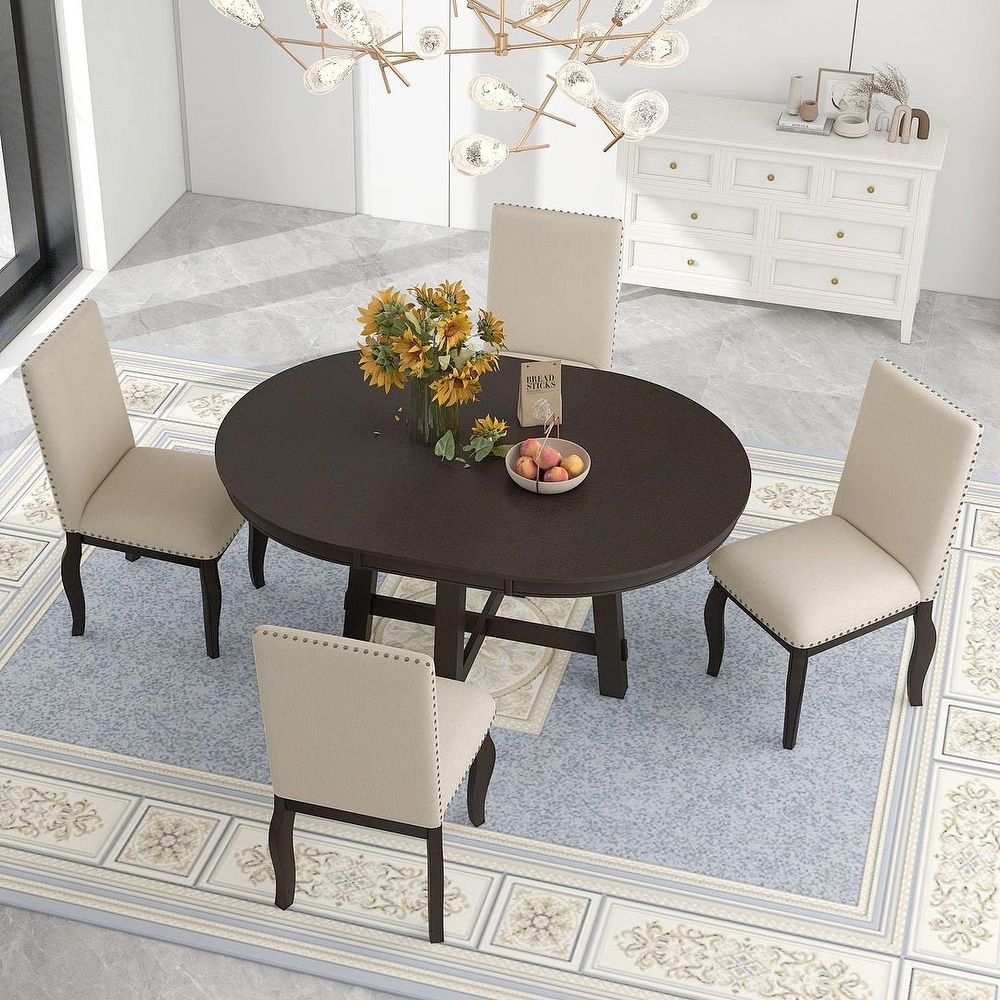 Expandable round dining table set for 4