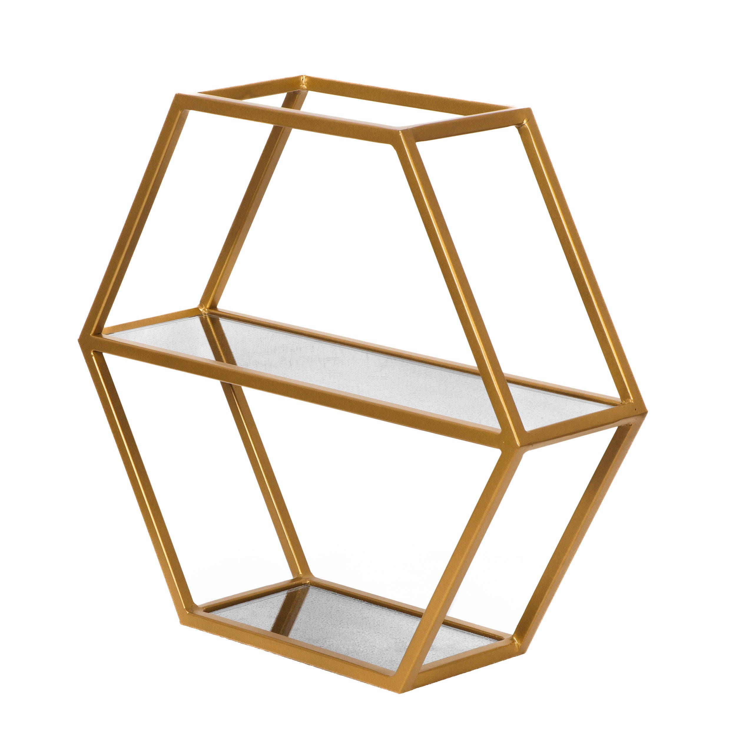 Noble House Hurford Glass Handcrafted 2 Shelf Hexagonal Decorative Shelf, Antique Gold