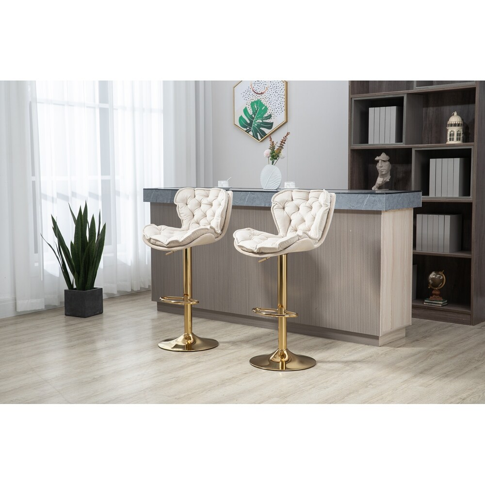 Modern Swivel Bar Stools  Set of 2  Adjustable Counter Height Velvet Upholstered Tufted Bar Stools with Back   Footrest  Ivory