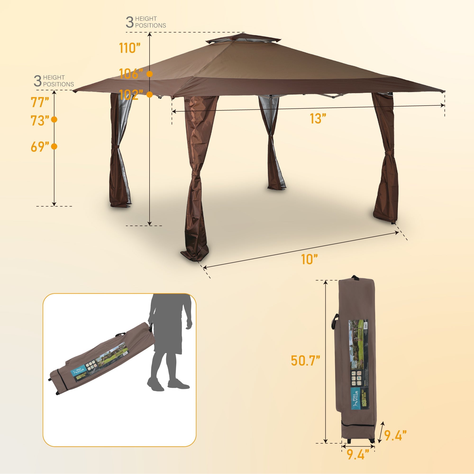 Sophia & William Brown 13' x 13' Pop-up Gazebo Canopy Gazebo Tent Shade Canopy