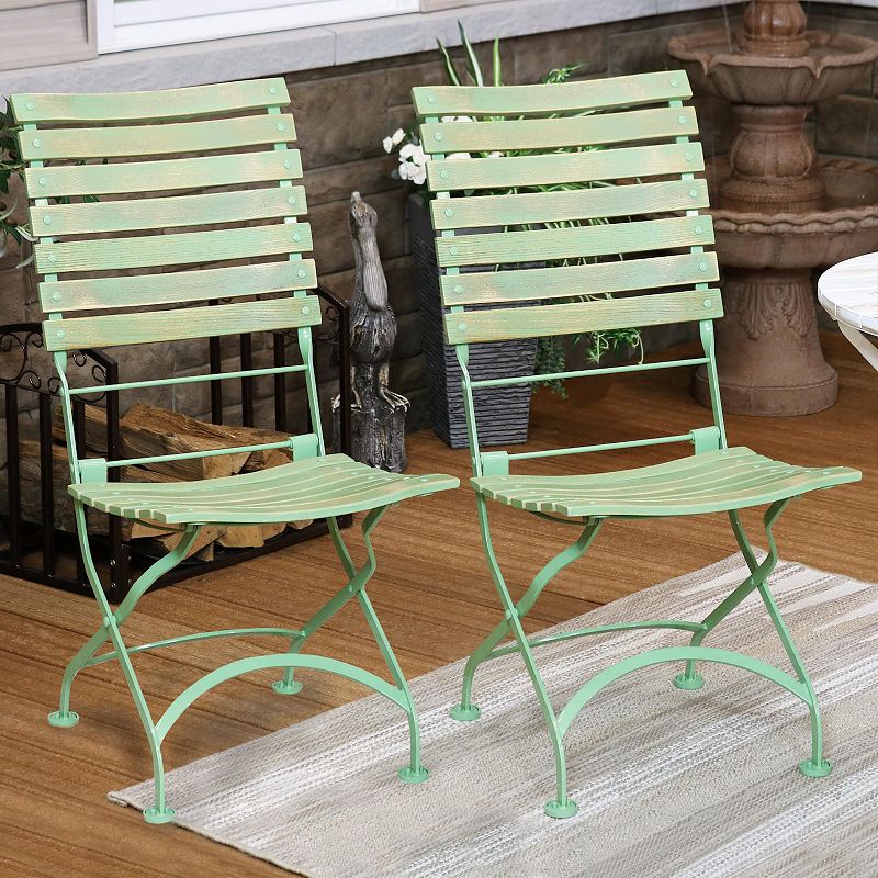 Sunnydaze Cafe Couleur Folding Chestnut Wooden Folding Chair - Green - Set of 2