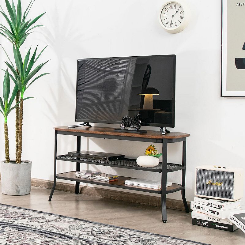 3-tier Console Table Tv Stand With Mesh Storage Shelf-rustic Brown