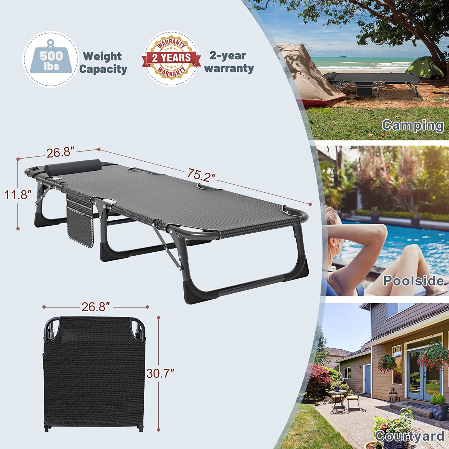 ABORON Folding Camping Cot， Folding Bed with 2 Sided Mattress and Pillow， Adjustable 4-Position Folding Chaise Lounge Chair