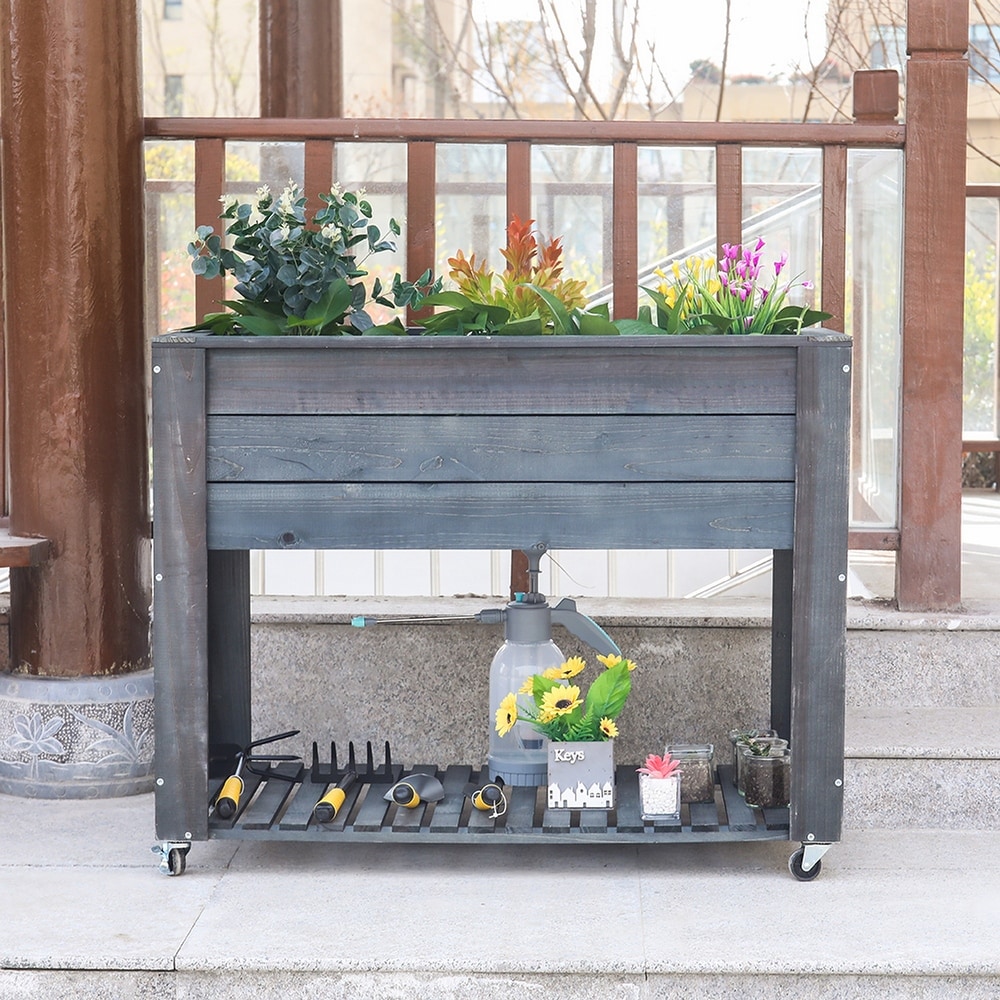 40 in x 32 in x 20 in Grey WoodenElevated Planter with Shelf and Wheel   40x32x20