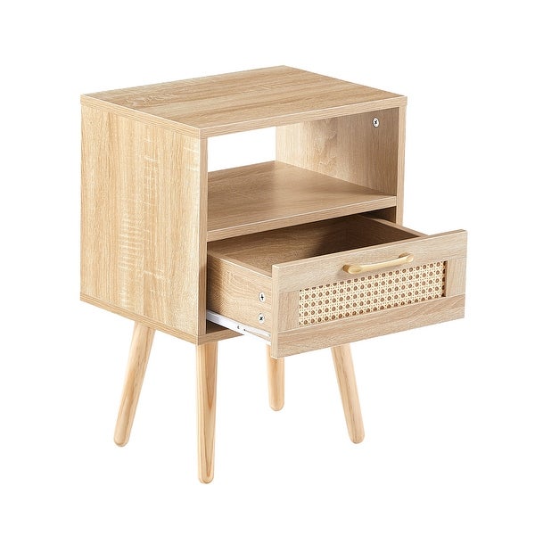 Modern Rattan Side table/Nightstand with 1 Shelf，1 drawer and 4 Solid Wood Legs