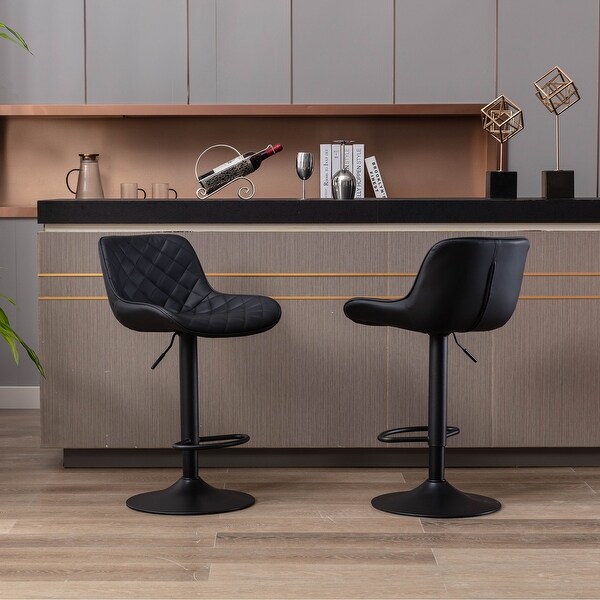 Modern Bar Stools Set of 2 Adjustable Mechanical Lifting PU and Black Leg Bar Stool， Chrome Footrest and Base Swivel Height