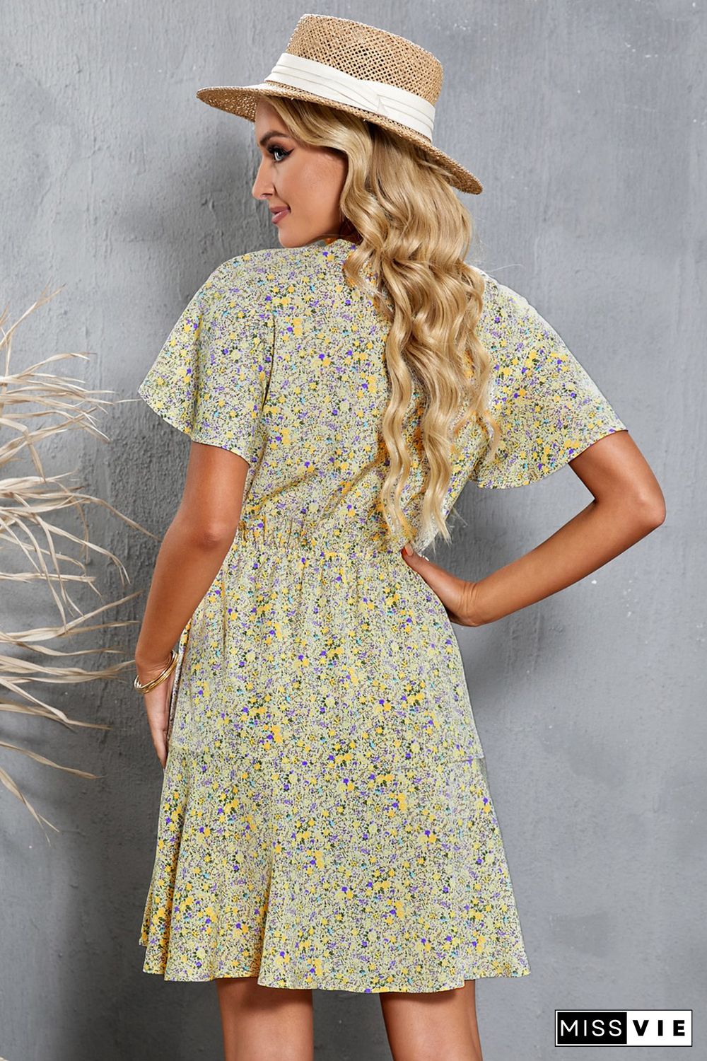 Floral Print Tie Knot Ruffled Short Sleeve Mini Dress