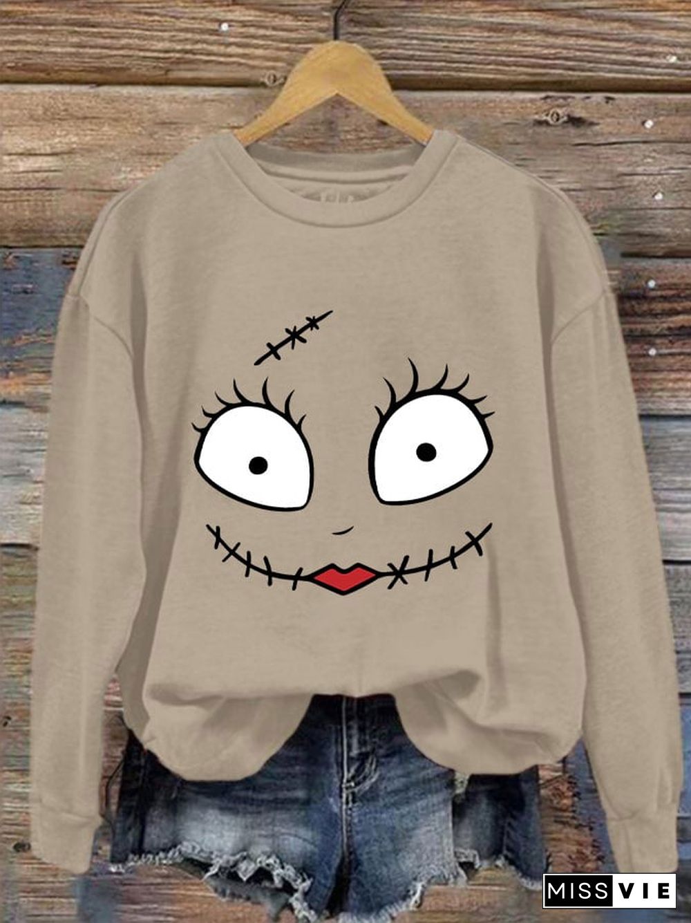 Women's Halloween Sally Happy Face Funny Sweatshirt