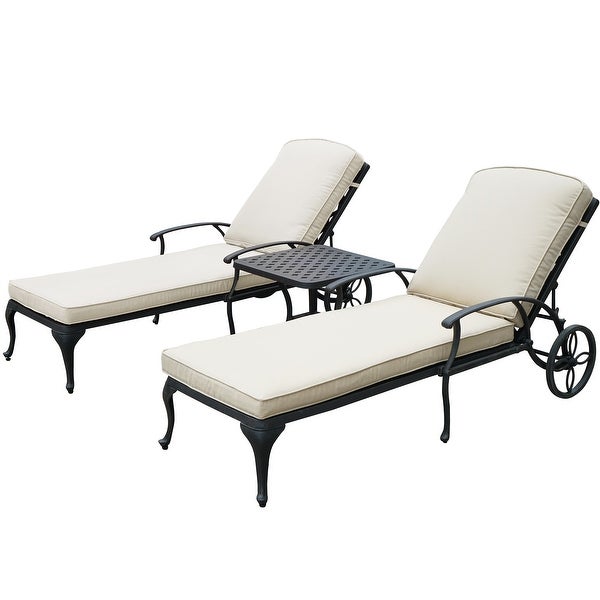 3-Piece Aluminum Reclining Outdoor Chaise Lounge with Table and Cushions